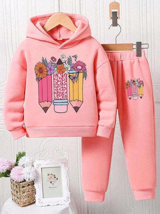 Floral Pencil Print Fleece Hoodie and Jogger Set for Kids